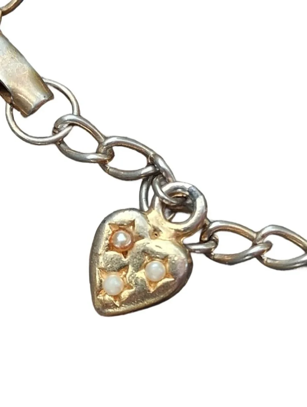 Vintage Heart Charm Bracelet Gold Tone Locket Rose Faux Pearl Rhinestone